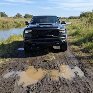 May include: A black pickup truck with blue accent lights is parked on a muddy dirt road. The truck is facing the camera, with a river and green foliage in the background. The sky is blue with some clouds.