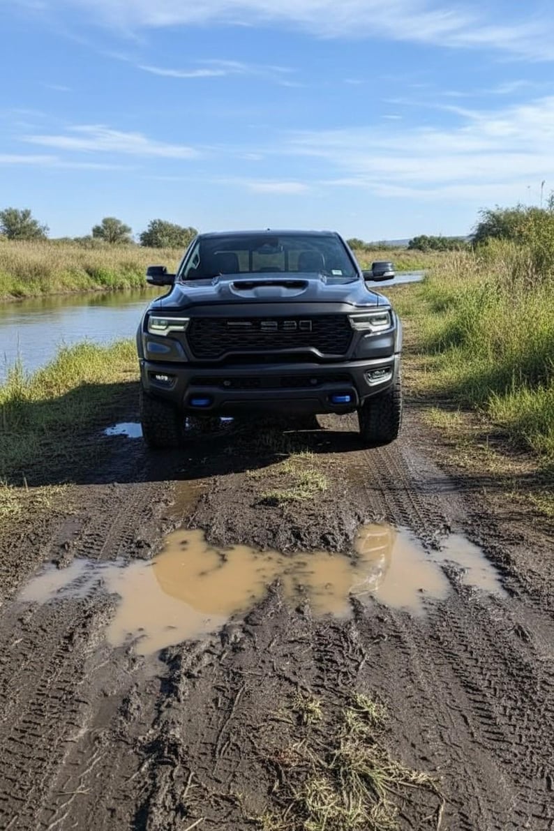 May include: A black pickup truck with blue accent lights is parked on a muddy dirt road. The truck is facing the camera, with a river and green foliage in the background. The sky is blue with some clouds.
