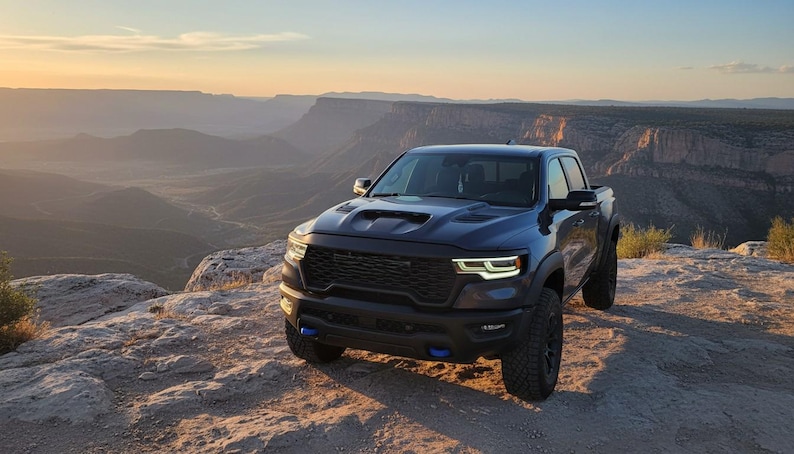 May include: A dark blue pickup truck with black accents is parked on a rocky cliff overlooking a canyon at sunset. The truck has a black grille, hood scoop, and blue tow hooks. The landscape features layered rock formations.