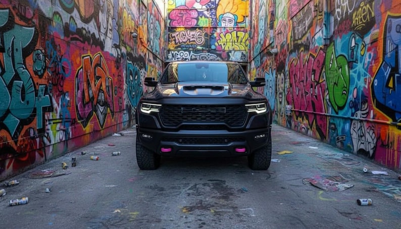 May include: A black pickup truck with pink accents is parked in an alley. The alley walls are covered in colorful graffiti art. The truck's headlights are illuminated, and the scene is lit with natural light.