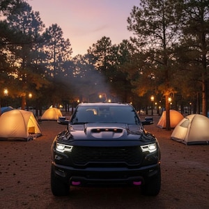 May include: A black truck is parked in a campsite at dusk. Several illuminated tents are scattered around the vehicle. The truck has pink accents and is surrounded by trees and string lights.