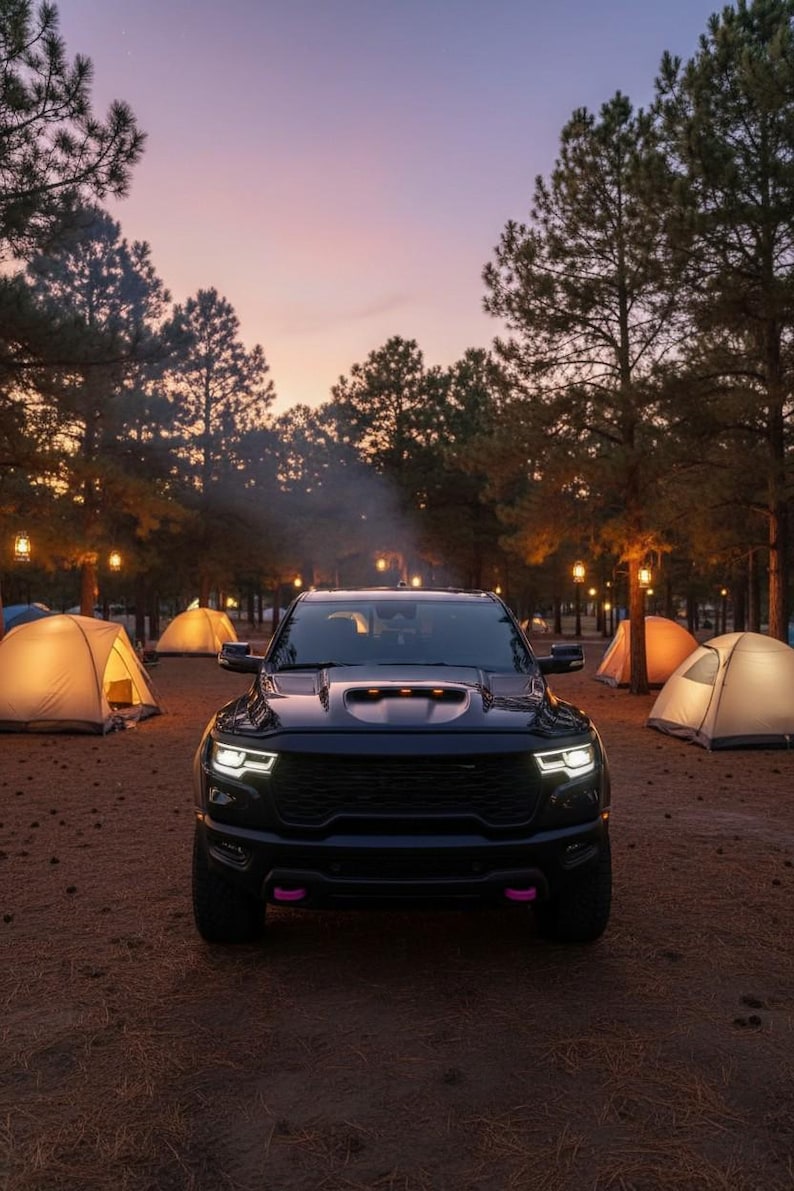 May include: A black truck is parked in a campsite at dusk. Several illuminated tents are scattered around the vehicle. The truck has pink accents and is surrounded by trees and string lights.
