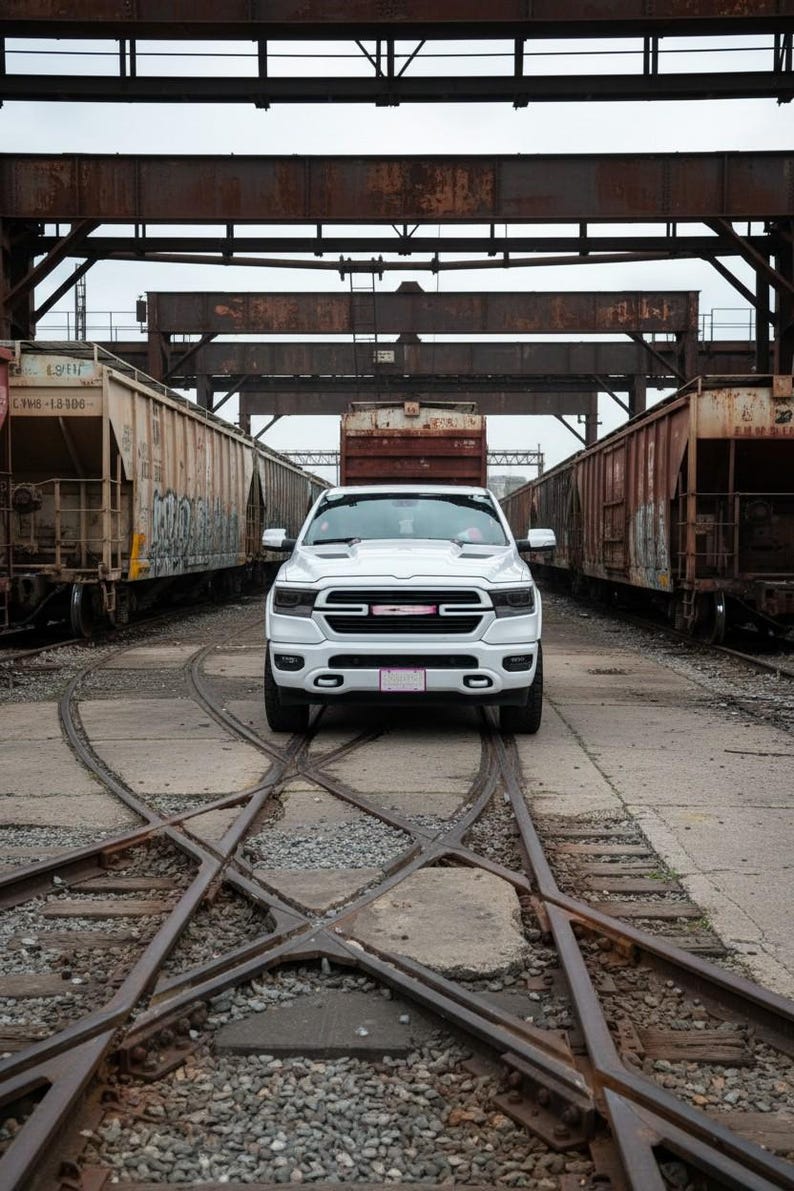 May include: A white pickup truck is centered on railroad tracks, flanked by two freight train cars. The truck has a black grill and headlights. The scene is set in an industrial area with rusty metal structures overhead.