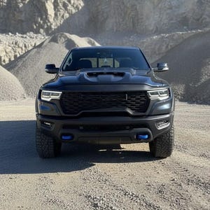 May include: A black pickup truck with a prominent front grille and blue accent lights. The truck is parked on a gravel surface, with a backdrop of rocky terrain and a clear blue sky.