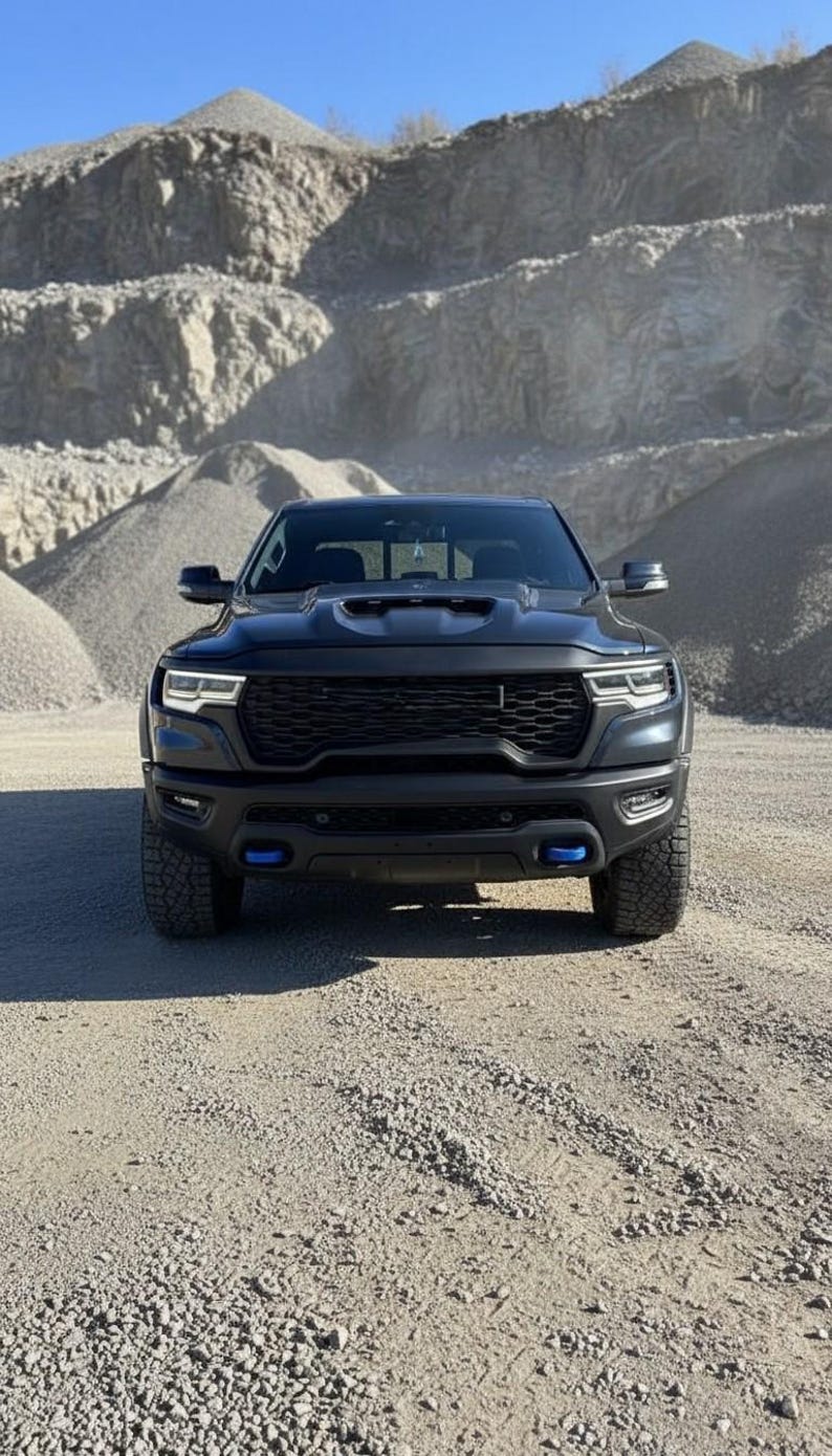 May include: A black pickup truck with a prominent front grille and blue accent lights. The truck is parked on a gravel surface, with a backdrop of rocky terrain and a clear blue sky.