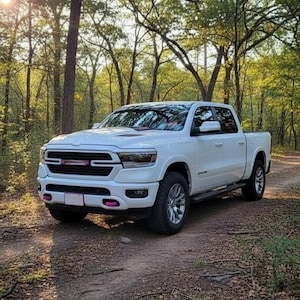 May include: A white pickup truck parked on a dirt road in a forest. The truck has a black grill with pink accents and chrome wheels. The sun is shining through the trees in the background.