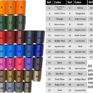May include: A variety of colorful cylindrical objects, each with a unique hue, are arranged in rows. Colors include yellow, orange, green, red, blue, pink, and gray. A color chart with a list of colors is also present.