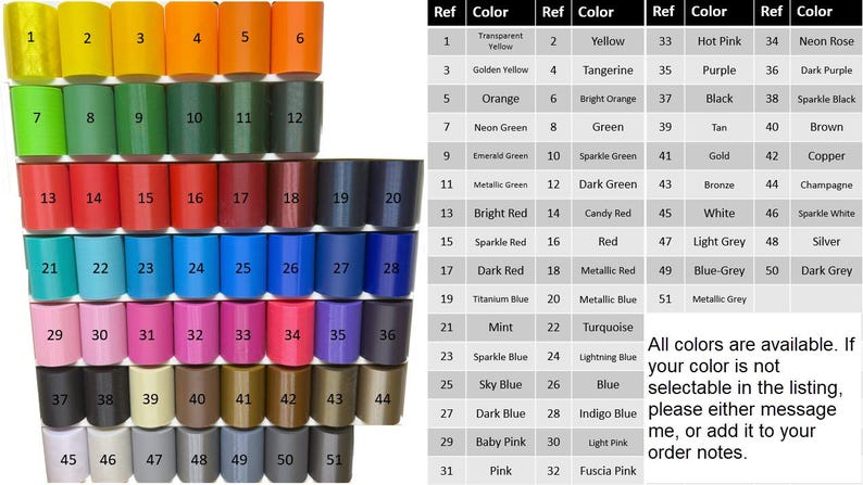 May include: A variety of colorful cylindrical objects, each with a unique hue, are arranged in rows. Colors include yellow, orange, green, red, blue, pink, and gray. A color chart with a list of colors is also present.