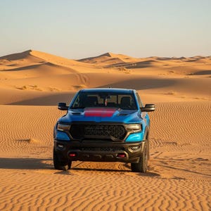 May include: A blue pickup truck with a red stripe on the hood is parked in the desert. The truck has a black grill and black accents. The background features sand dunes under a clear sky.