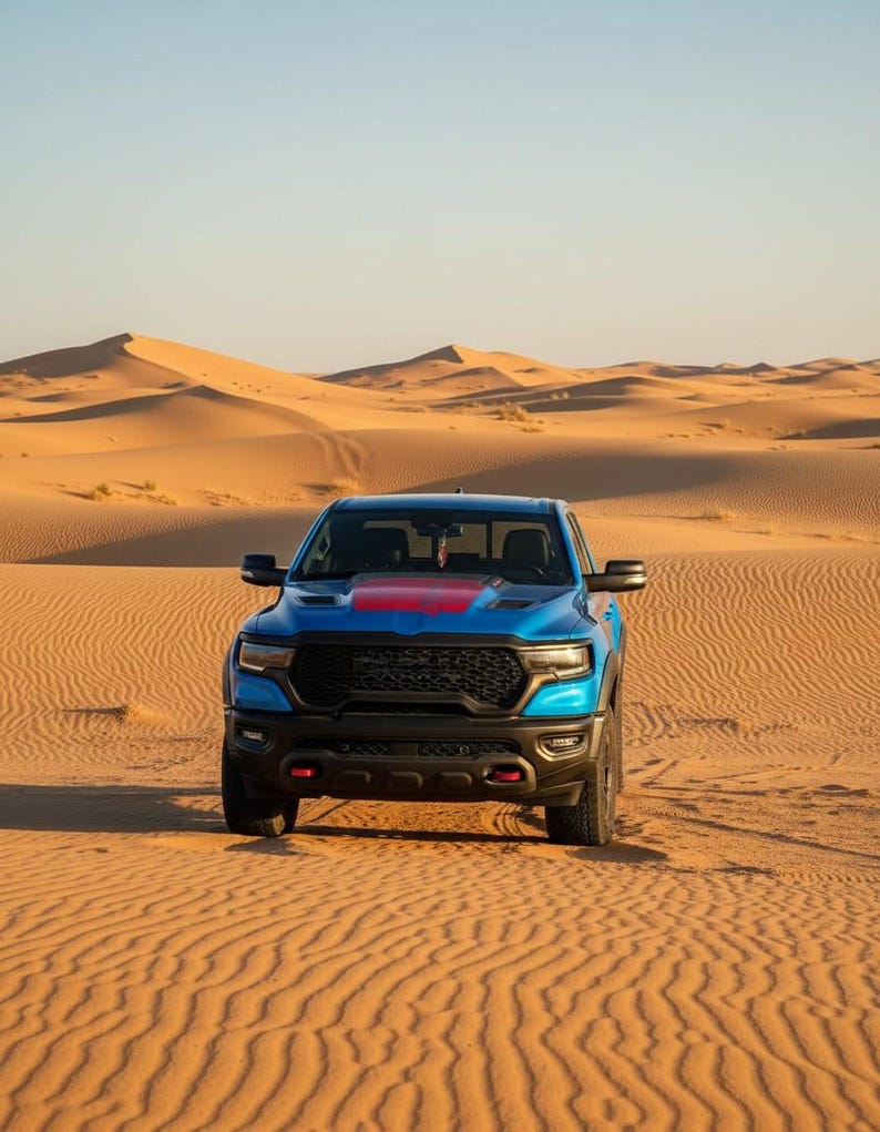 May include: A blue pickup truck with a red stripe on the hood is parked in the desert. The truck has a black grill and black accents. The background features sand dunes under a clear sky.