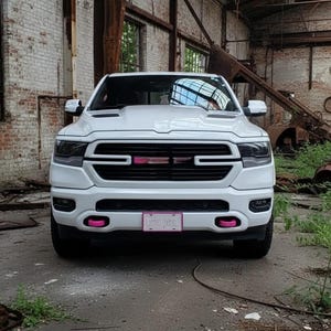 May include: A white pickup truck with black accents and pink details, parked in an abandoned industrial building. The truck has a custom grille and license plate. The background features brick walls and exposed metal beams.