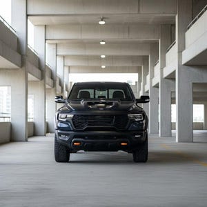 May include: A black pickup truck with a prominent front grille and headlights is parked in a concrete parking structure. The truck has large tires and a hood scoop. The image is taken from a front-facing perspective.