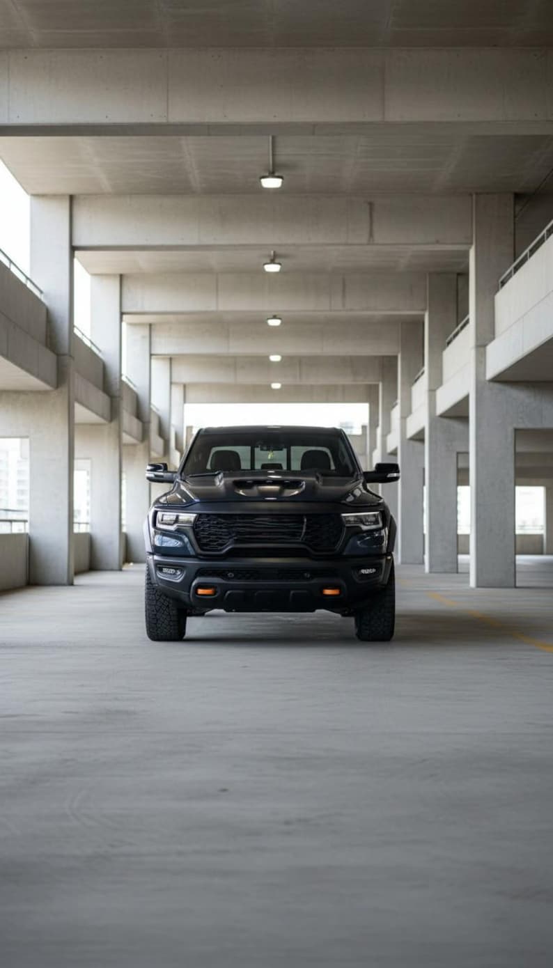 May include: A black pickup truck with a prominent front grille and headlights is parked in a concrete parking structure. The truck has large tires and a hood scoop. The image is taken from a front-facing perspective.