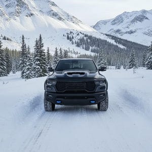 May include: A black pickup truck with blue lights is driving on a snow-covered road. The truck is surrounded by snow-covered trees and mountains in the background. The sky is overcast.
