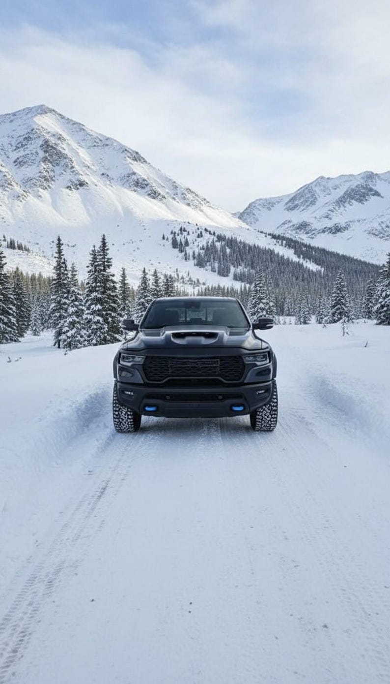 May include: A black pickup truck with blue lights is driving on a snow-covered road. The truck is surrounded by snow-covered trees and mountains in the background. The sky is overcast.