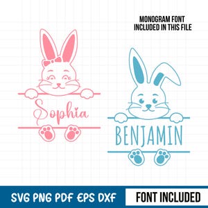 Lapin de Pâques SVG, cadre diviseur de nom de lapin, monogramme des cliparts lapin, conception de Pâques de nom de bébé, joli visage de lapin, fichiers de coupe Cricut, téléchargement PNG