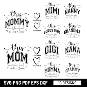 Diese Mama trägt ihr Herz auf ihrem Ärmel SVG-Bundle, fügen Sie Kindernamen hinzu, rosa Glitzer-Mama-Leben PNG, Faux-Stickerei Nana Oma SVG, digitale Datei