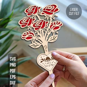 Rose Saint-Valentin découpé au laser SVG, bouquet de fleurs roses SVG, découpe laser bois 2 couches, SVG de la Saint-Valentin, cadeaux pour couple, Glowforge Cricut