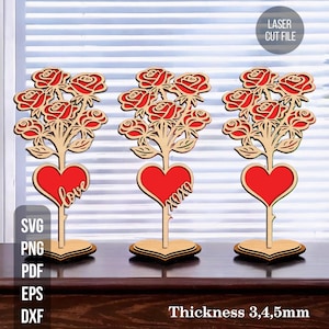 Rosa de madera con soporte, rosa en capas y corazón con soporte, archivos cortados con láser SVG, rosa de madera 3D personalizable para el Día de la Madre, archivos cortados con láser