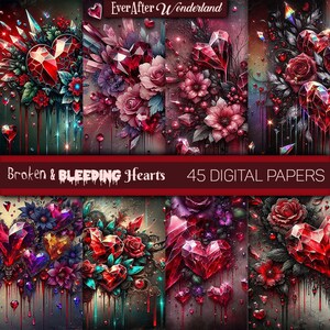May include: Digital papers featuring a dark, romantic theme. The designs include jewel-like hearts, roses, and other floral elements in shades of red, purple, and pink. The text "Broken & Bleeding Hearts" and "45 DIGITAL PAPERS" is displayed.