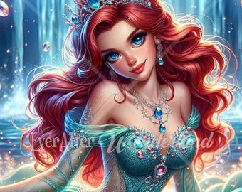 Glamorous Princess Ariel Art Print | Sparkly Teal Gown (Digital Download)