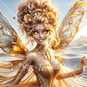 Pode incluir: Uma fada dourada com grandes asas iridescentes e uma coroa de flores. Ela está vestindo um vestido dourado e joias. O fundo é uma paisagem desértica.