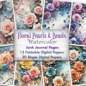 Papeles digitales con diseño floral de acuarela y perlas para diarios basura, kit para diarios basura, papel para diarios basura, papeles para diarios plegables: descarga instantánea