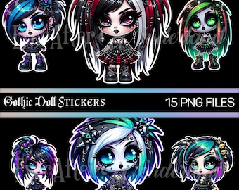 Gothic Doll Stickers | Spooky Goth Girl Clipart (PNG, Commercial)
