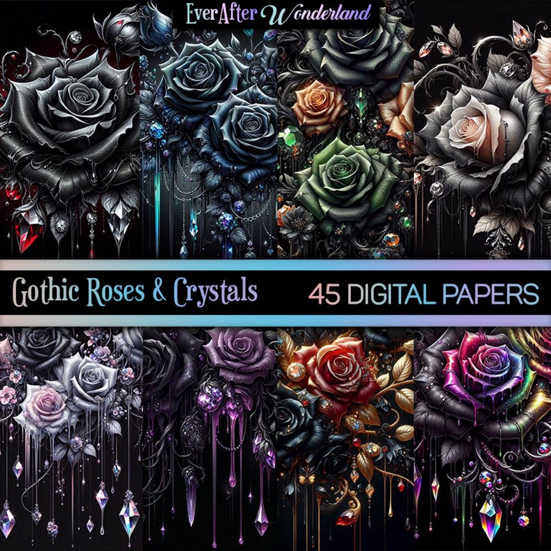 Gothic Roses & Crystals Digital Papers | Dark Floral Scrapbook (instant ...