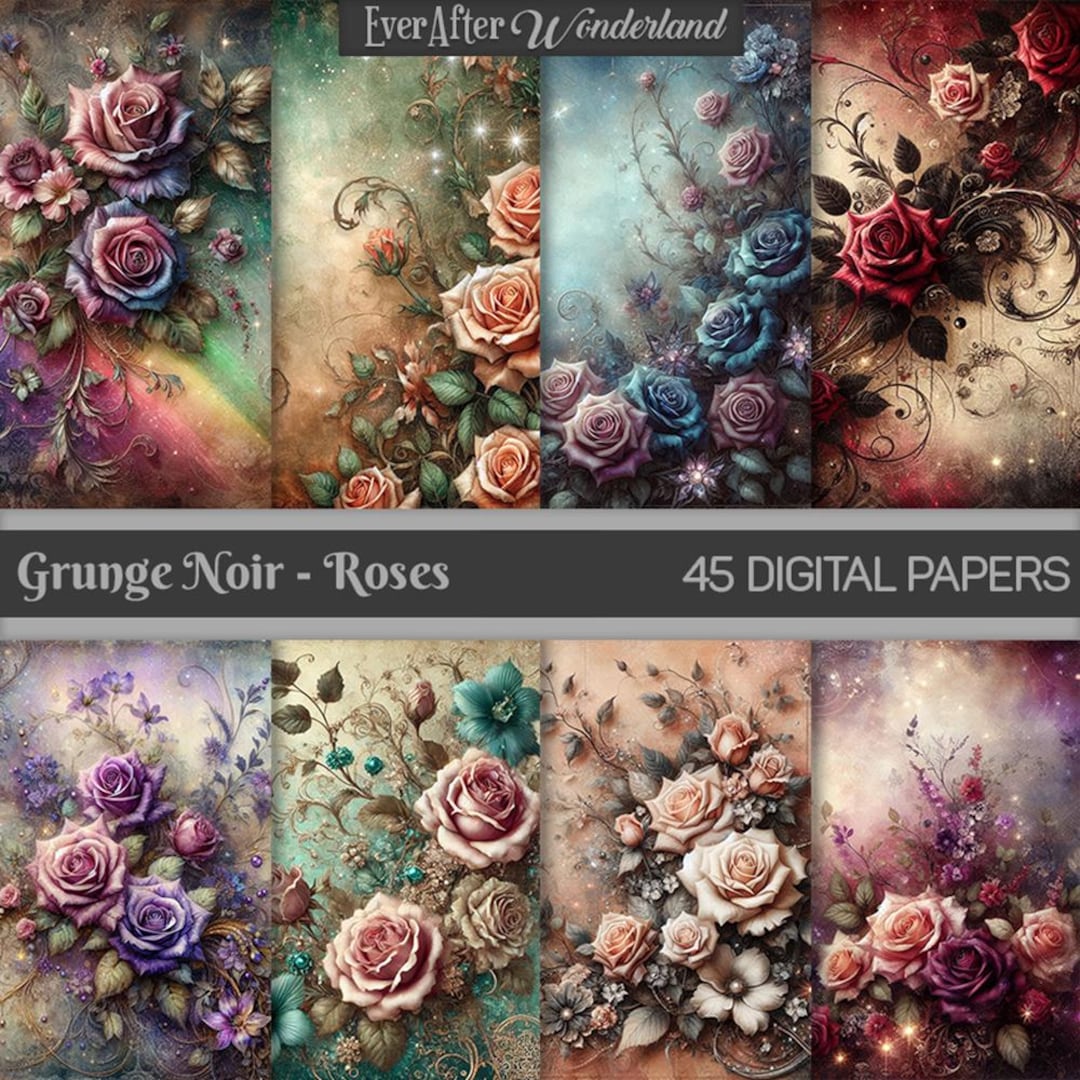 Grunge Roses Digital Paper | Noir Sparkle, Vines (instant Download) - Etsy