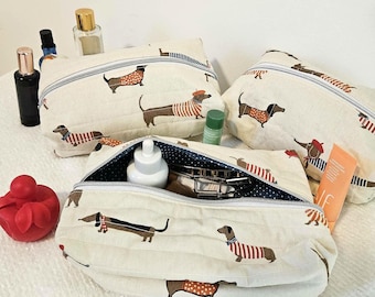 Bolsa inspirada en perros salchicha: estuche para cosméticos, bolsa de viaje con cremallera, regalo hecho a mano para perros salchicha.