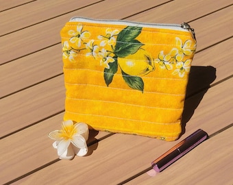 Bolsa con cremallera de limón: Neceser acolchado hecho a mano, de tela francesa