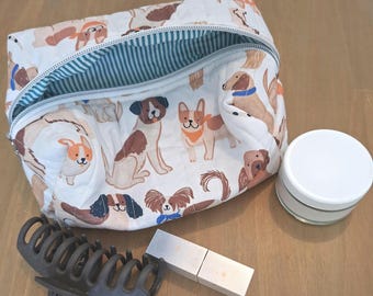 Handmade Quilted Dog Print Makeup Bag | Cute Cotton Cosmetic Pouch | Travel Toiletry Organizer | Gift for Dog Lovers