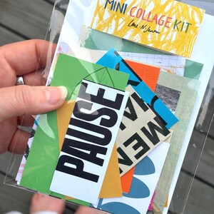 May include: A clear plastic bag containing a mini collage kit. The kit includes colorful paper scraps with text and designs, including the word "PAUSE" in large black letters. The kit's label reads "MINI COLLAGE KIT."
