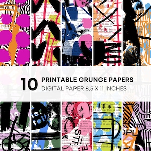 May include: A collection of ten printable grunge papers. Each paper features a unique abstract design with bold brushstrokes, splatters, and text fragments in various colors, including black, pink, and orange. The digital paper size is 8.5 x 11 inches.