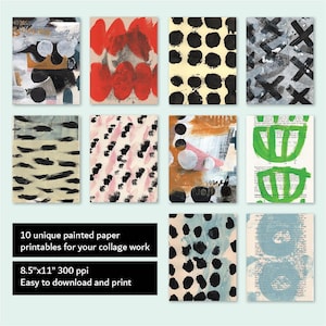 May include: Ten unique digital paper printables for collage work. Each printable features a different abstract design with black, white, and colourful paint strokes. The printables are 8.5 inches by 11 inches and 300 pixels per inch.