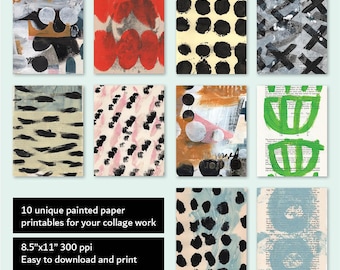 May include: Ten unique digital paper printables for collage work. Each printable features a different abstract design with black, white, and colourful paint strokes. The printables are 8.5 inches by 11 inches and 300 pixels per inch.