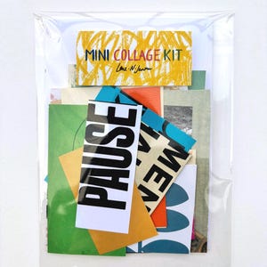 May include: A clear plastic package containing a mini collage kit. The kit includes various colorful paper scraps, some with text like "PAUSE" and "MEN". A yellow and white label at the top reads "MINI COLLAGE KIT" and "Lone N. Jensen".