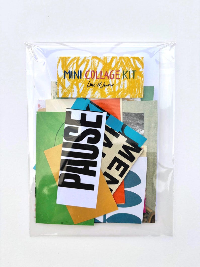 May include: A clear plastic package containing a mini collage kit. The kit includes various colorful paper scraps, some with text like "PAUSE" and "MEN". A yellow and white label at the top reads "MINI COLLAGE KIT" and "Lone N. Jensen".