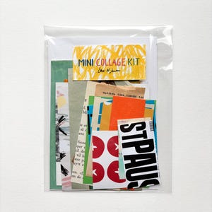 May include: A clear plastic bag containing a mini collage kit. The kit includes various paper scraps in colors like orange, green, and red, with text and graphic elements. A label reads "MINI COLLAGE KIT".