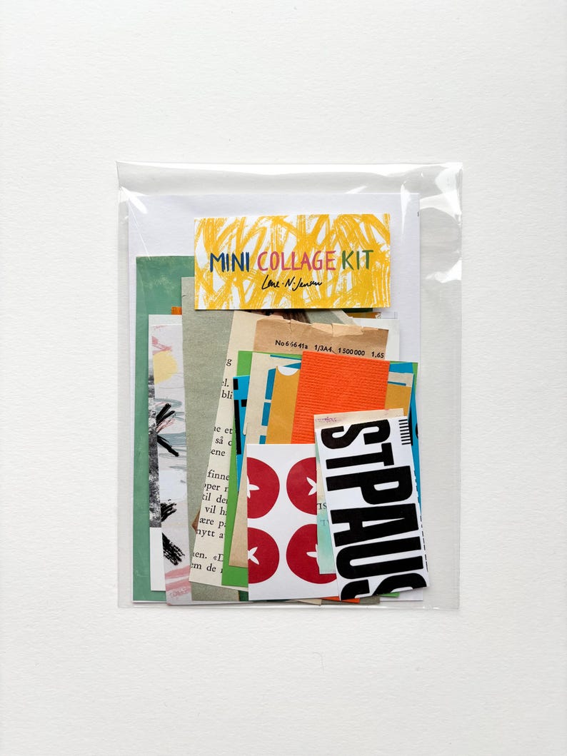 May include: A clear plastic bag containing a mini collage kit. The kit includes various paper scraps in colors like orange, green, and red, with text and graphic elements. A label reads "MINI COLLAGE KIT".