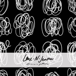 May include: A seamless pattern with white scribbled lines on a black backdrop. The design includes the text "Lene N. Jensen" and "seamless pattern". This pattern is suitable for various applications.