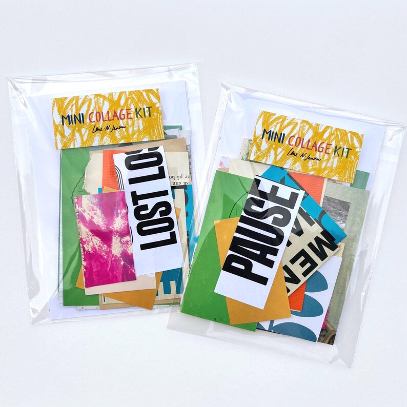 May include: Two clear plastic bags each containing a mini collage kit. Each kit includes colorful paper scraps, with text that reads "LOST LO" and "PAUSE". The kits are labeled "MINI COLLAGE KIT" with the artist's name.