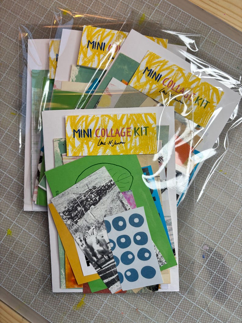 May include: Several mini collage kits in clear plastic packaging. Each kit includes various colorful paper scraps, with some featuring text that reads "MINI COLLAGE KIT". The kits contain a variety of colors and patterns, including green, yellow, blue, and black and white.