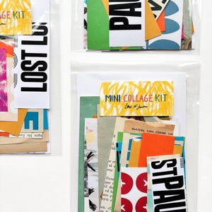 May include: Three clear plastic bags filled with colorful paper ephemera. The bags contain various paper scraps with text like "PAUSE", "LOST LU", and "MINI COLLAGE KIT". The paper pieces are in shades of orange, green, blue, and yellow, creating a collage kit.