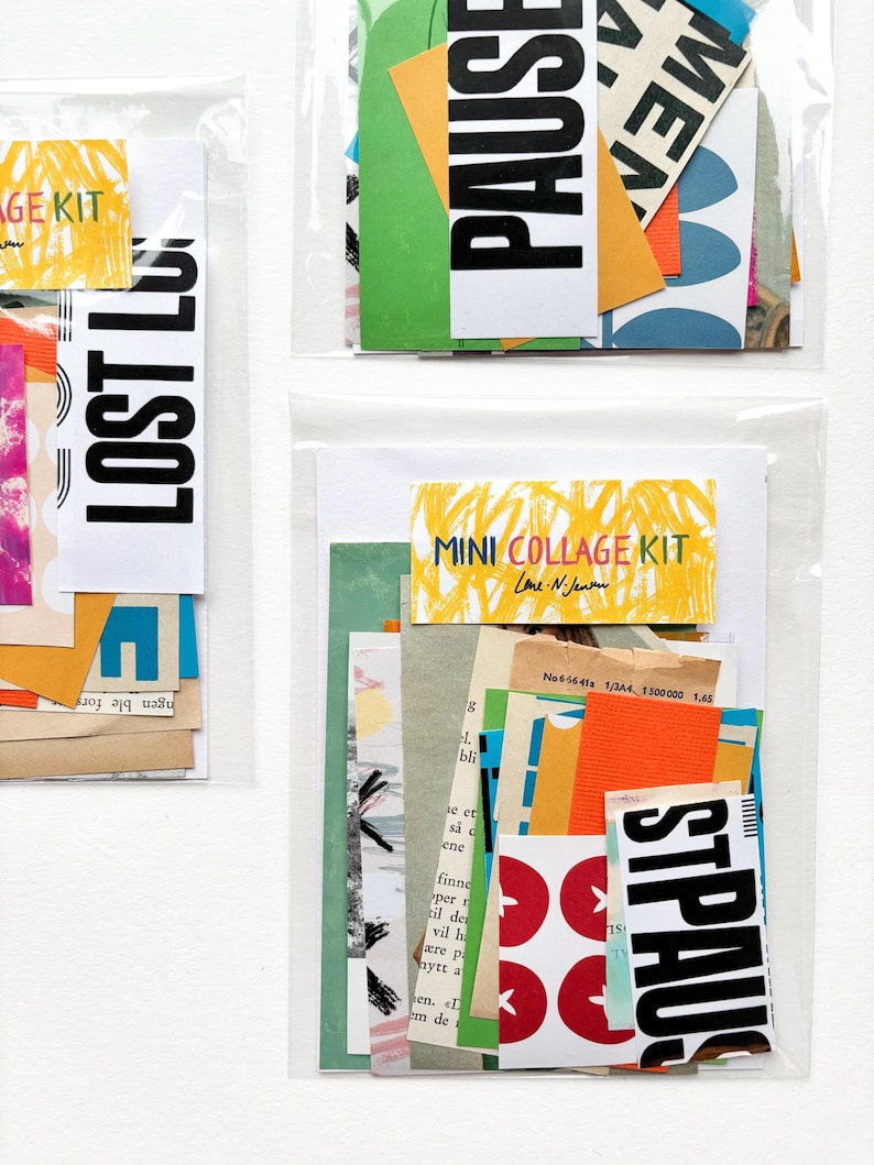 May include: Three clear plastic bags filled with colorful paper ephemera. The bags contain various paper scraps with text like "PAUSE", "LOST LU", and "MINI COLLAGE KIT". The paper pieces are in shades of orange, green, blue, and yellow, creating a collage kit.