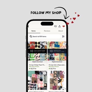 May include: A smartphone screen displaying an Etsy shop interface with digital collage paper listings. The screen shows product thumbnails, titles, and prices. The text "FOLLOW MY SHOP" is above the phone, with a curved arrow and hearts.