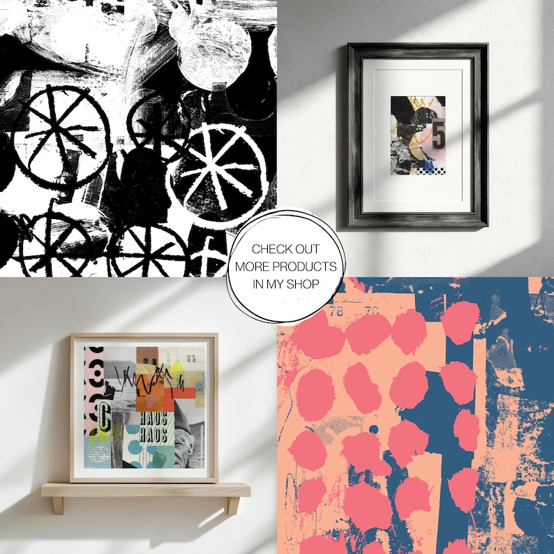 May include: A collection of framed abstract art pieces. One features black and white brushstrokes with wheel-like shapes. Another has a collage with the number 5. A third piece displays the text "HAUS HAUS". The image includes a callout that says "CHECK OUT MORE PRODUCTS IN MY SHOP".