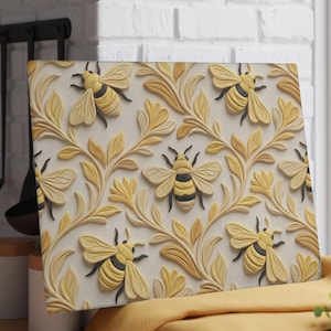 May include: A rectangular decorative panel featuring a repeating pattern of bees and floral elements. The bees are yellow and black, with detailed wings. The floral elements are in shades of yellow and beige, creating a textured, three-dimensional effect.