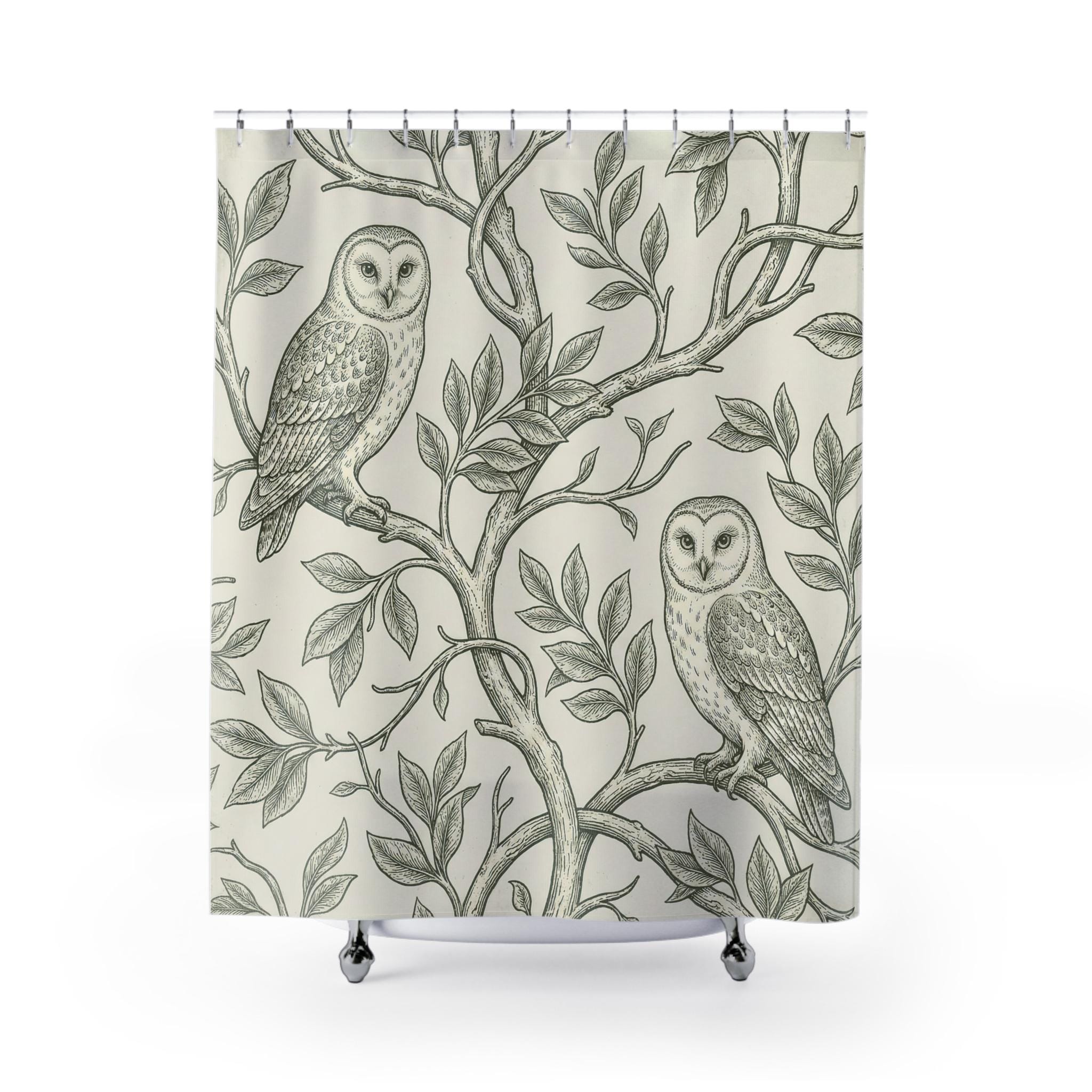 Vintage Owl Toile Shower Curtain | Woodland Botanical Bathroom Decor | Cottagecore Nature Illustrati